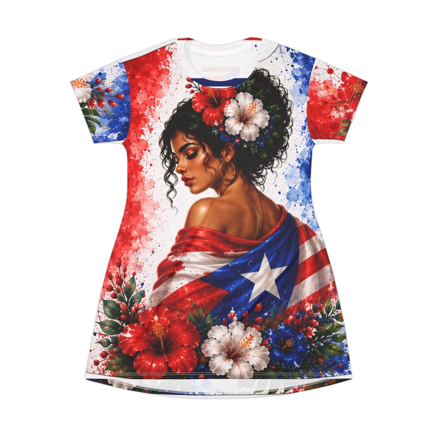 Puerto Rico Flag T-Shirt Dress — Boricua Floral All‑Over Print