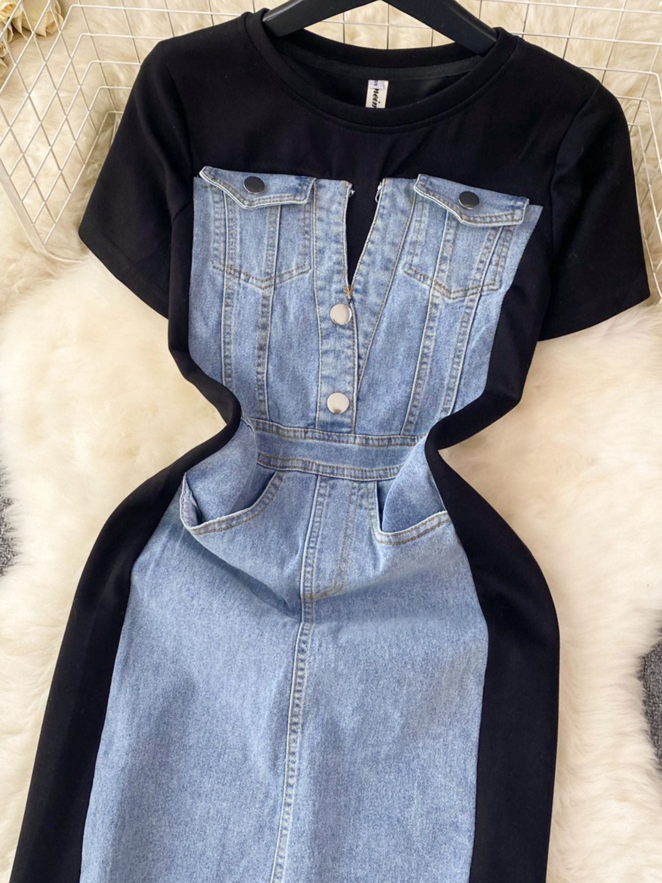 Full Size Denim Patchwork Short Sleeve Slit Back Dress Plus Size