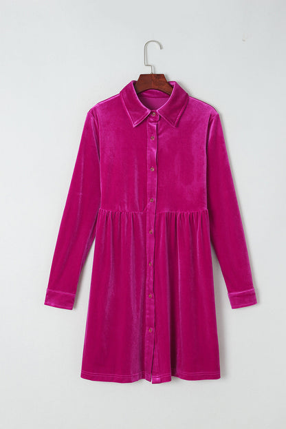 Velvet Ruffle Buttoned Long Sleeve Dress