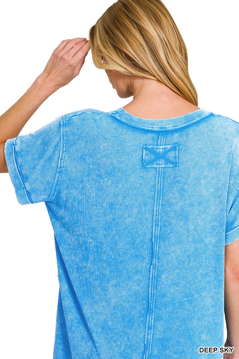 Zenana Washed Ribbed Cuffed Short Sleeve Round Neck Top
