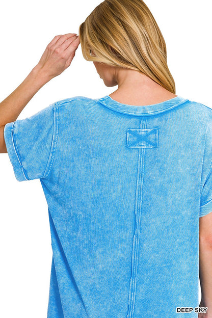 Zenana Washed Ribbed Cuffed Short Sleeve Round Neck Top