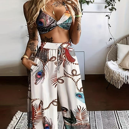 Women’s Feather Print Vacation Pants Set