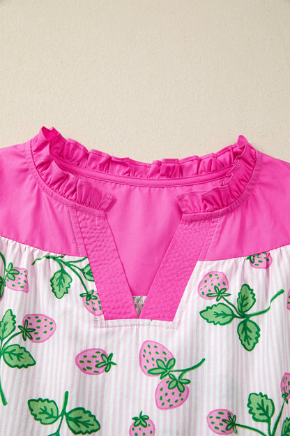 Stripe Strawberry Patchwork Flutter Sleeve V-Neck Blouse