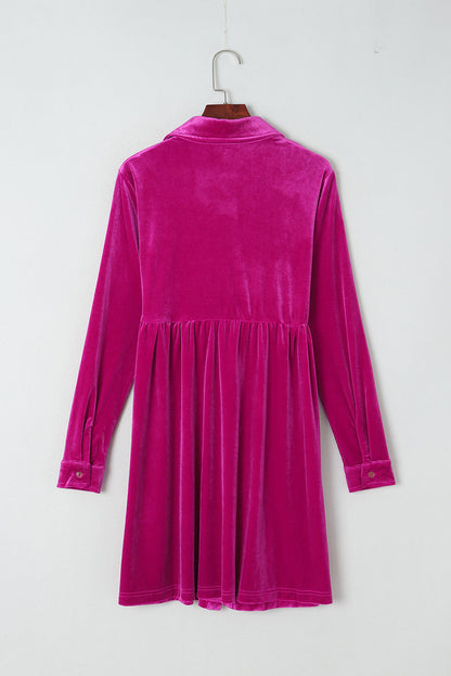 Velvet Ruffle Buttoned Long Sleeve Dress