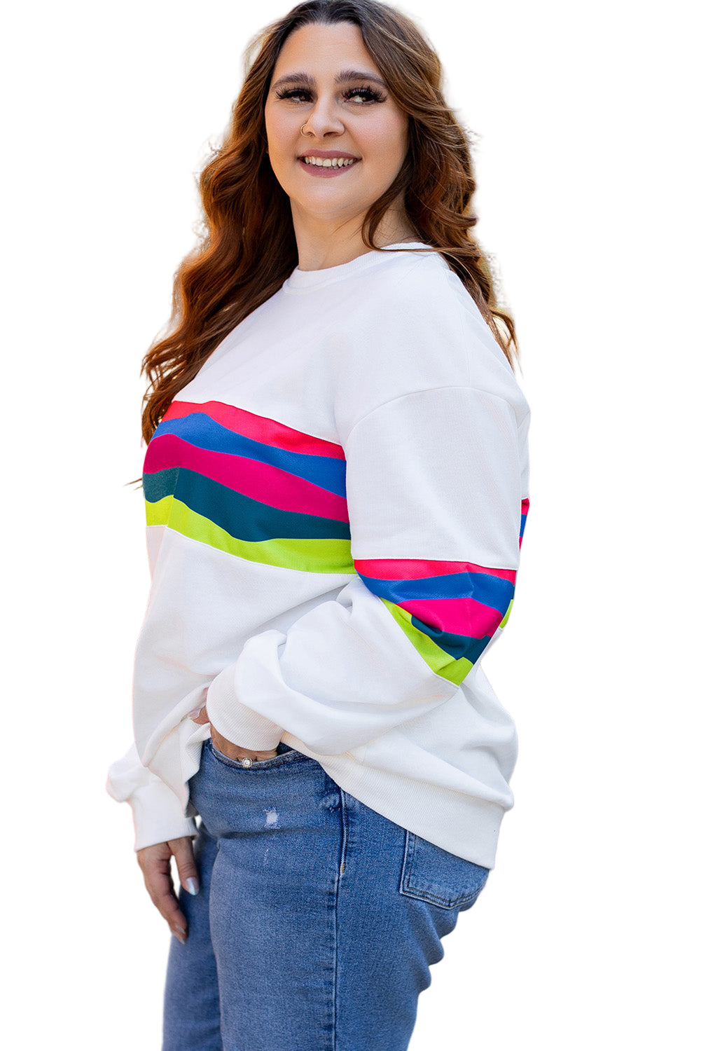 White Colorful Stripe Plus Size Sweatshirt