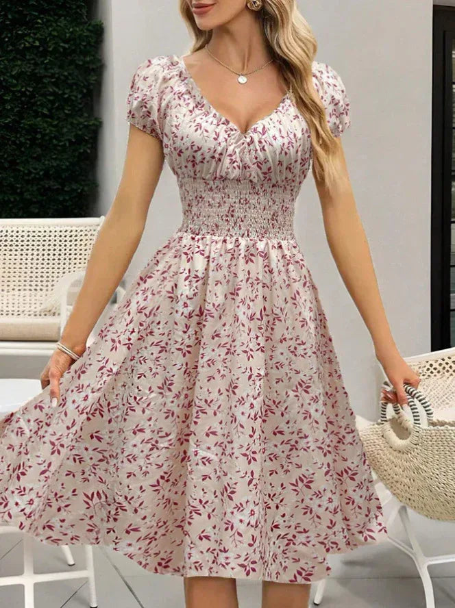 Vintage Floral Puff Sleeve French Dress