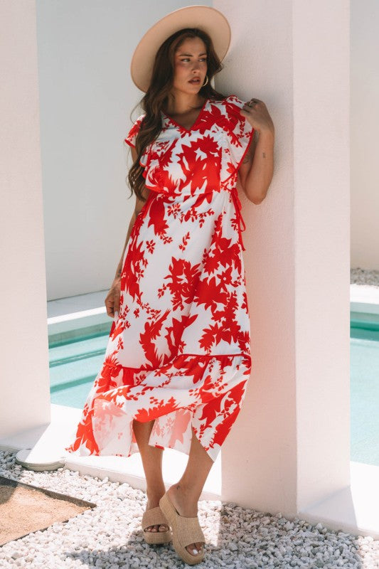 Scarlett Floral Trimmed V Neck Ruffle Sleeve Long