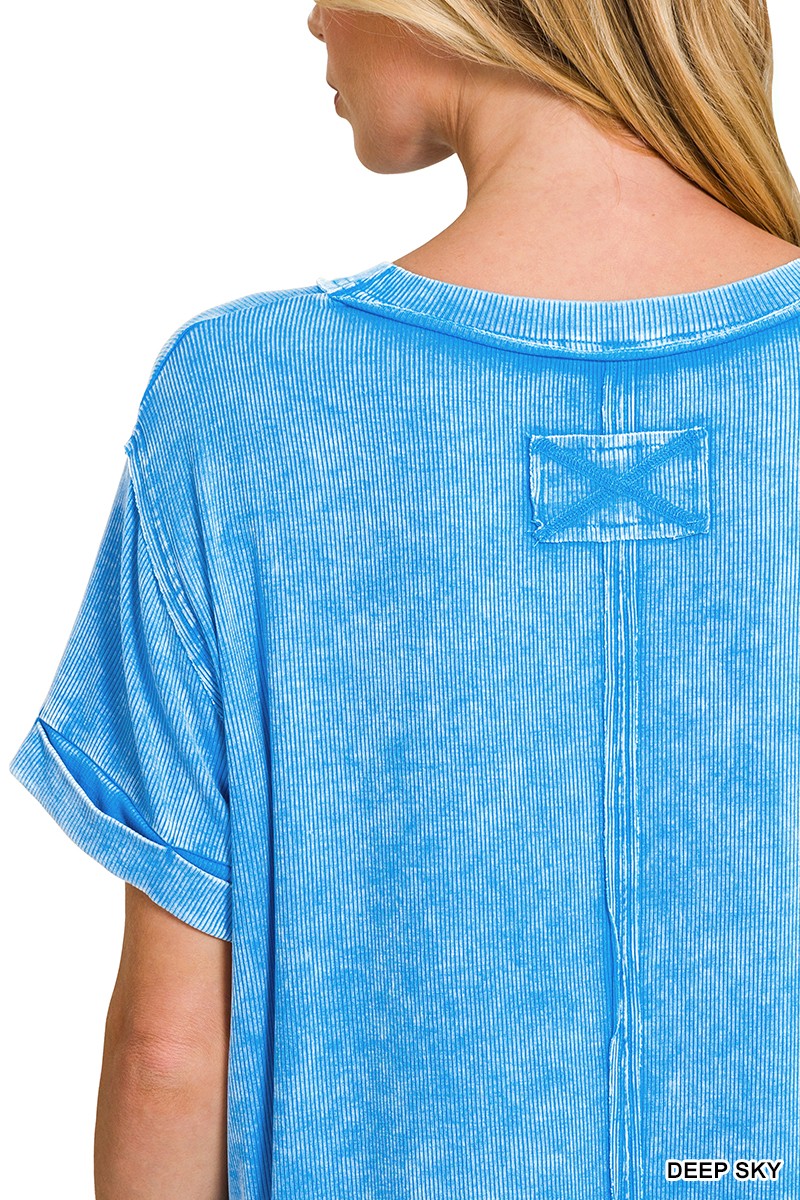 Zenana Washed Ribbed Cuffed Short Sleeve Round Neck Top