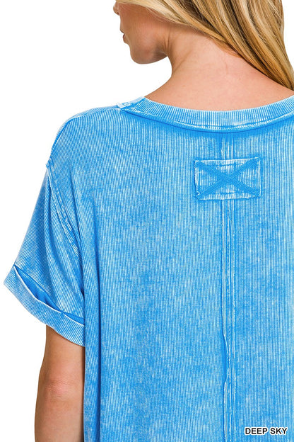 Zenana Washed Ribbed Cuffed Short Sleeve Round Neck Top