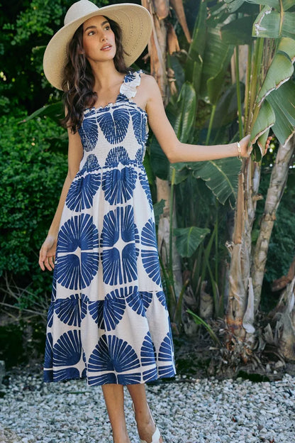 Abstract Print Smocked Bodice Tiered Lined Midi Dress
