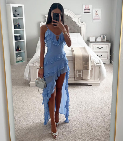 Light Sky Blue Maxi Slit Dress – V-Neck Layered Summer Dress