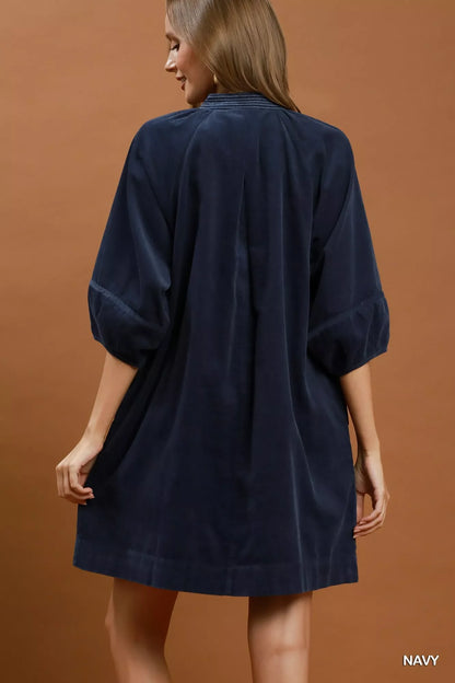 Umgee Corduroy V-Neck Puff Sleeve Shift Dress with Pockets
