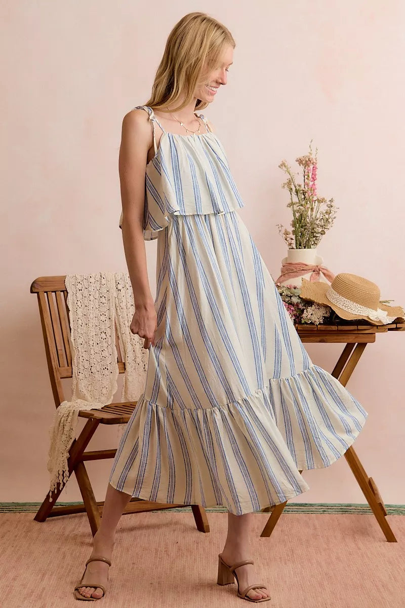 SO ME Stripe Tiered Shoulder Tie Midi Lined Dress