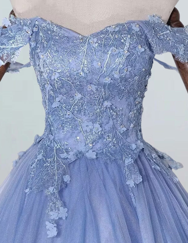 Blue off the shoulder lace applique floor length tulle ball gown quinceanera dress