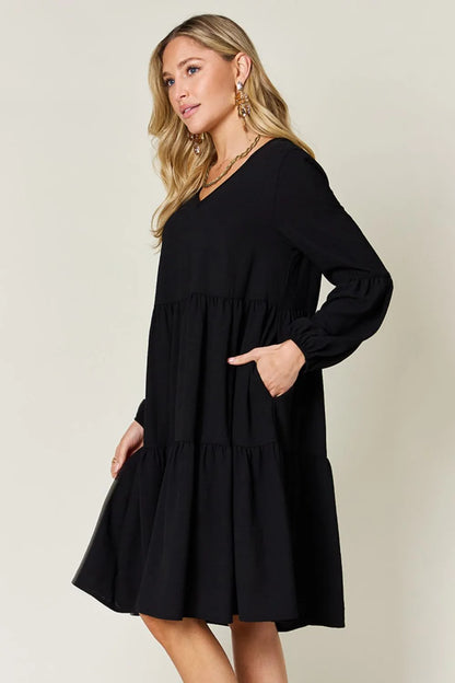 Garden Naked Women's Casual Dress Babydoll Tiered Dress with Pockets Long Sleeve Ruffle Hem Soft Cotton Blend Loose Fit
