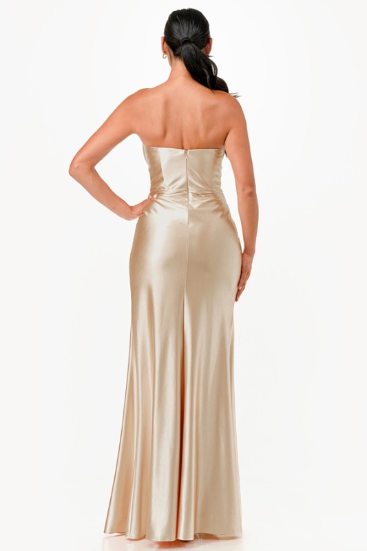 Tucked and ruched sweetheart satin dress with fitted slit skirt