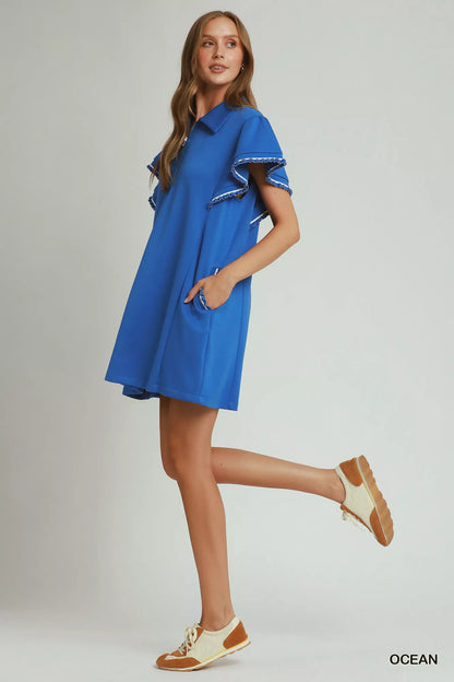 Umgee Half Zip Ruffle Rib Band Butterfy Sleeve Mini Dress with Pockets