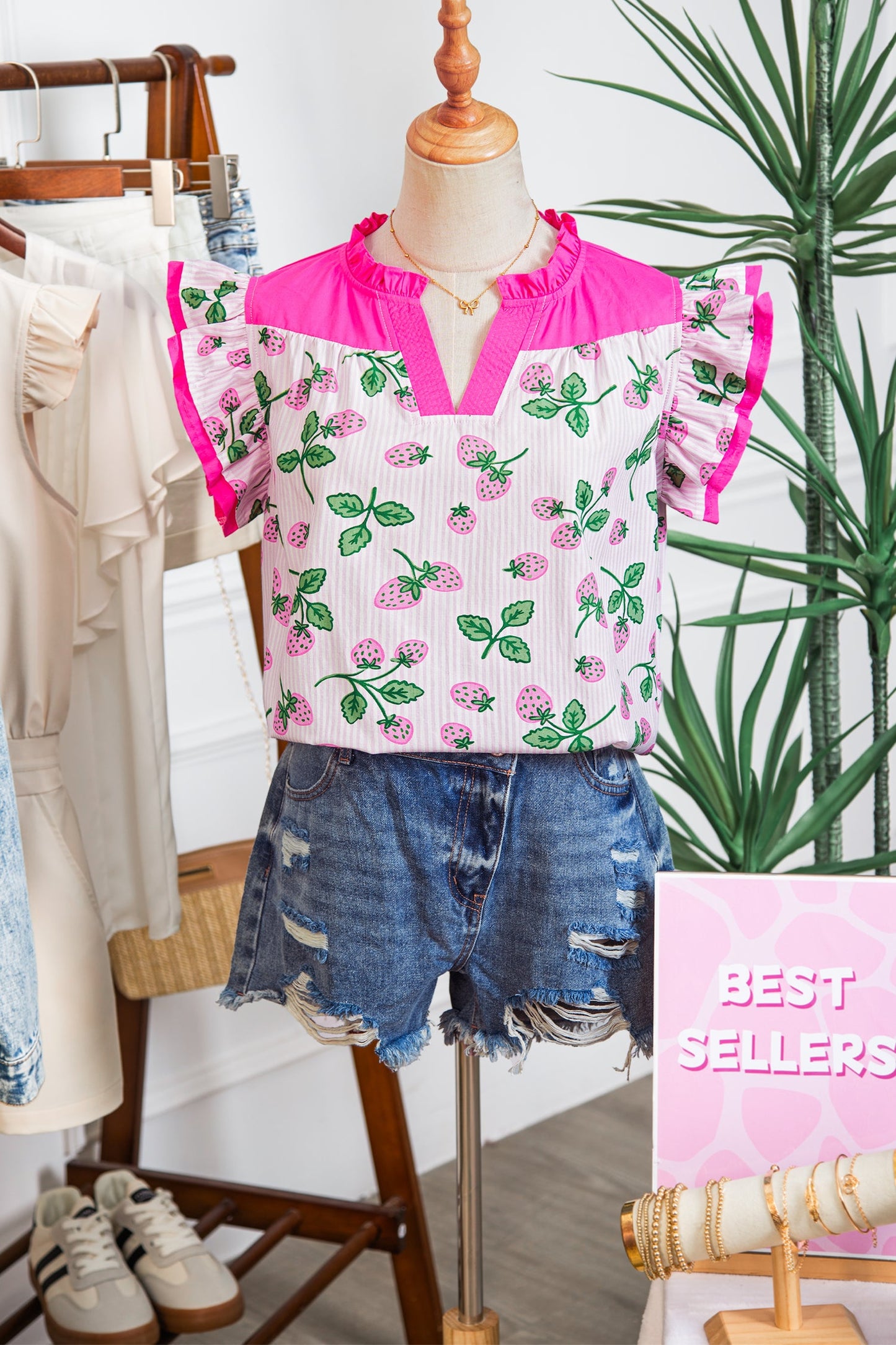 Stripe Strawberry Patchwork Flutter Sleeve V-Neck Blouse