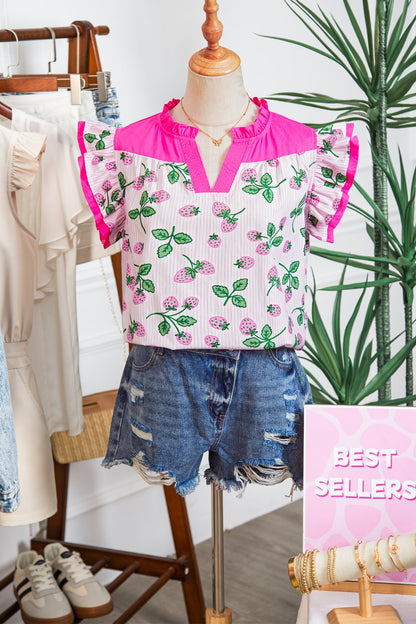 Stripe Strawberry Patchwork Flutter Sleeve V-Neck Blouse
