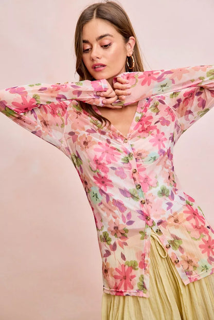 BiBi Floral Shrried Detail Button Up Mesh Cardigan Top