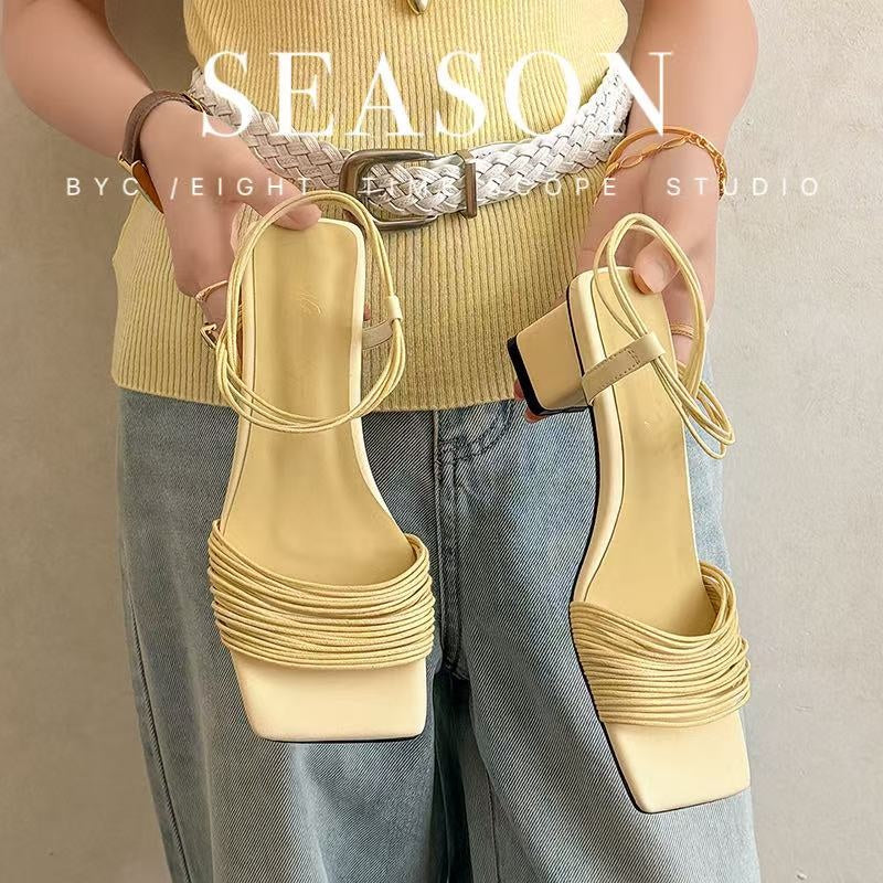 Women's Square-Toe Block Heel Sandals – Multi-Strap Ankle Wrap Mid-Heel Shoes with Pigskin Lining