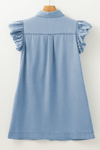 Beau Blue Flutter Sleeve Shirred Button Up Denim Mini Dress