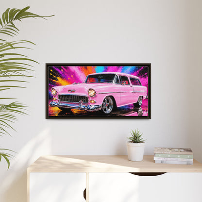 Pink Classic Station Wagon Canvas Print — Retro Car Wall Art, Framed Matte Multi‑Color Splash