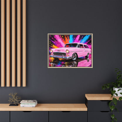 Pink Classic Station Wagon Canvas Print — Retro Car Wall Art, Framed Matte Multi‑Color Splash