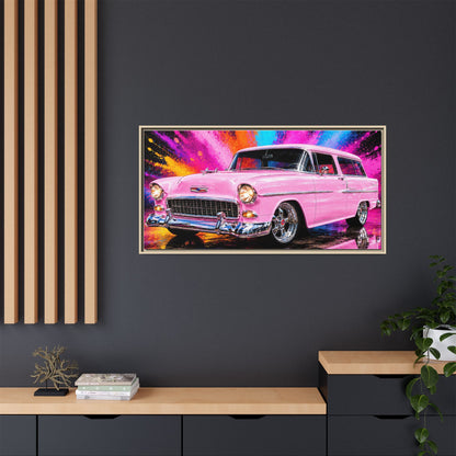 Pink Classic Station Wagon Canvas Print — Retro Car Wall Art, Framed Matte Multi‑Color Splash
