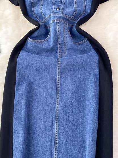 Full Size Denim Patchwork Short Sleeve Slit Back Dress Plus Size