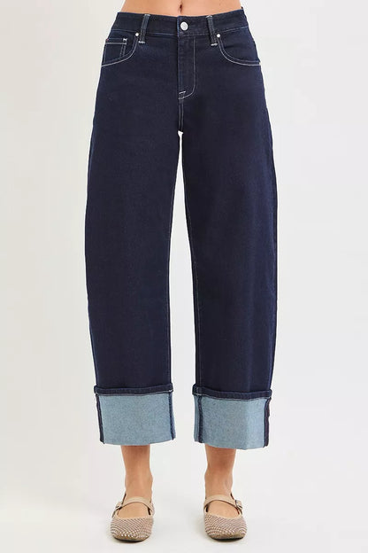 RISEN Slouchy Crop Barrel Cuffed Hem Jeans