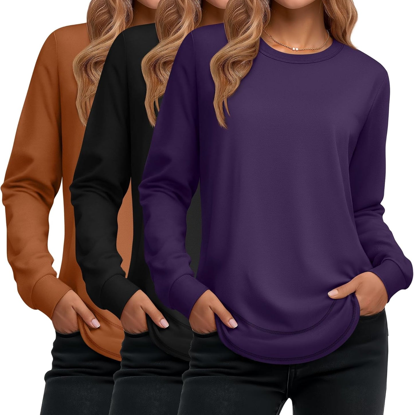 Ficerd 3 Pack Women's Long Sleeve Shirts, Cotton Crew Neck Tunic Tops Casual Loose Fit Pullover Sweatshirts Curved Hem Shirts