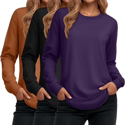 Ficerd 3 Pack Women's Long Sleeve Shirts, Cotton Crew Neck Tunic Tops Casual Loose Fit Pullover Sweatshirts Curved Hem Shirts