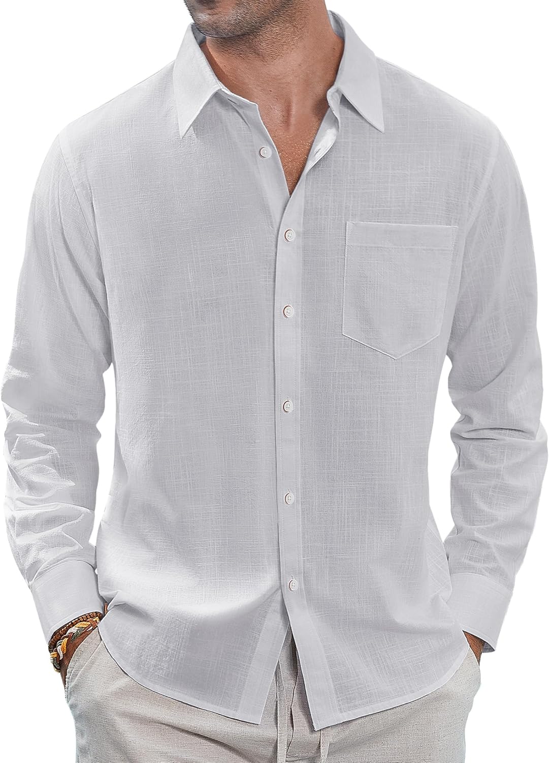 J.VER Men's Linen Shirts Casual Button Down Long Sleeve Shirt Solid Spread Collar Summer Beach Shirts with Pocket
