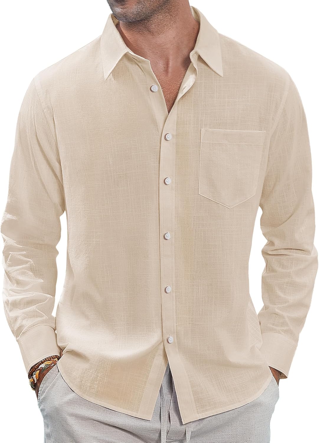 J.VER Men's Linen Shirts Casual Button Down Long Sleeve Shirt Solid Spread Collar Summer Beach Shirts with Pocket