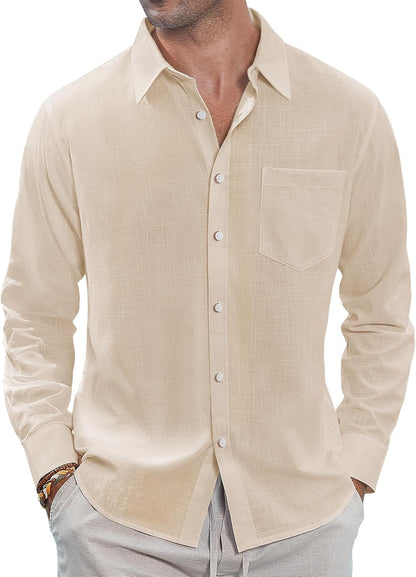 J.VER Men's Linen Shirts Casual Button Down Long Sleeve Shirt Solid Spread Collar Summer Beach Shirts with Pocket