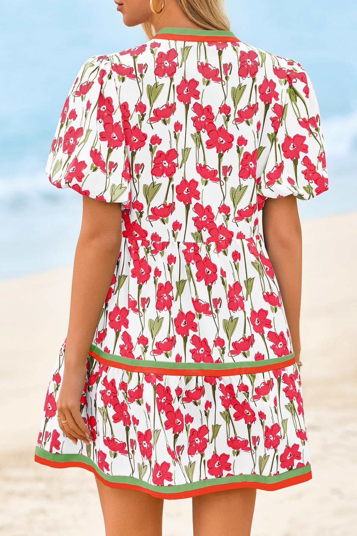 Cicy Bell Womens Summer Puff Sleeve V Neck Floral Mini Boho Beach Dresses | Short Length, Patchwork,Hawaiian,Vacation,Loose fit ,Print with pockets