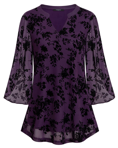 VALOLIA Women's 3/4 Sleeve Floral Tunic Tops V Neck Double Layers Loose Fit Mesh Blouses Shirt