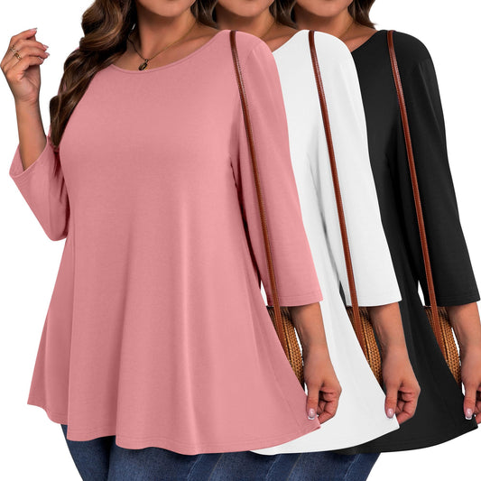 Evervibe 3 Pack Plus Size Tunic Tops for Curvy Women 3/4 Sleeve Shirts Loose Spring Casual Swing Flare Blouses with Leggings