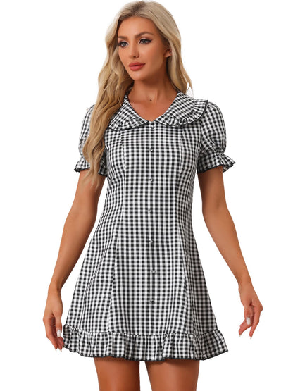 Allegra K Women's Gingham Checks Ruffled Peter Pan Collar Cute Mini Dress