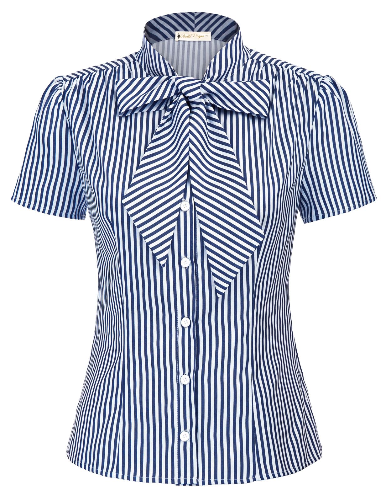 Belle Poque Summer Short Sleeve Office Button Down Blouse Stripe Shirt Tops with Bow Tie BP573
