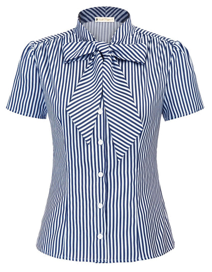Belle Poque Summer Short Sleeve Office Button Down Blouse Stripe Shirt Tops with Bow Tie BP573