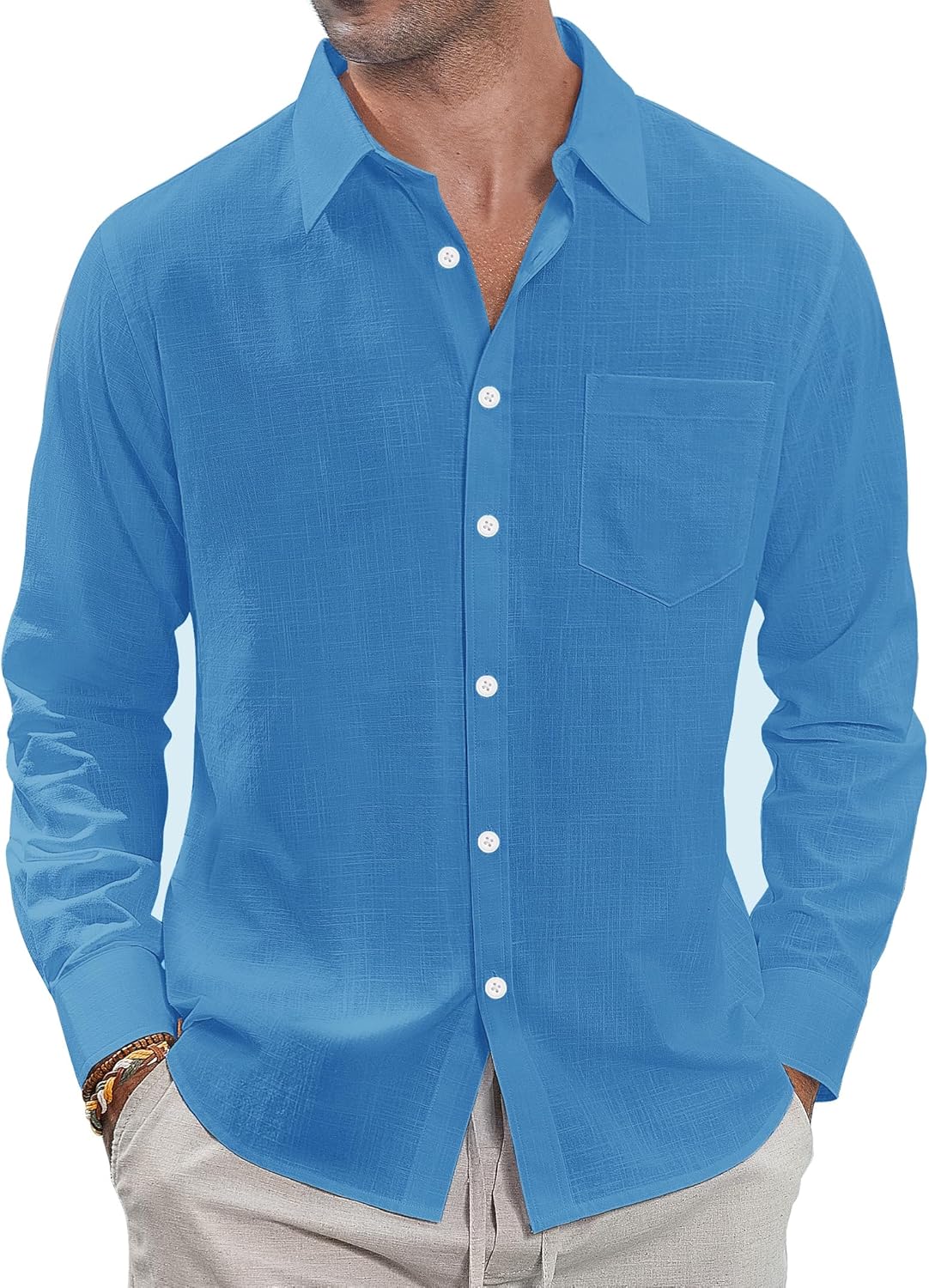 J.VER Men's Linen Shirts Casual Button Down Long Sleeve Shirt Solid Spread Collar Summer Beach Shirts with Pocket