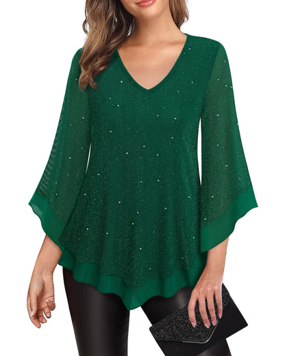 Lotusmile Womens Dressy Blouse Double Layers Mesh Shirt Ruffle 3/4 Flared Sleeve Tunic Tops