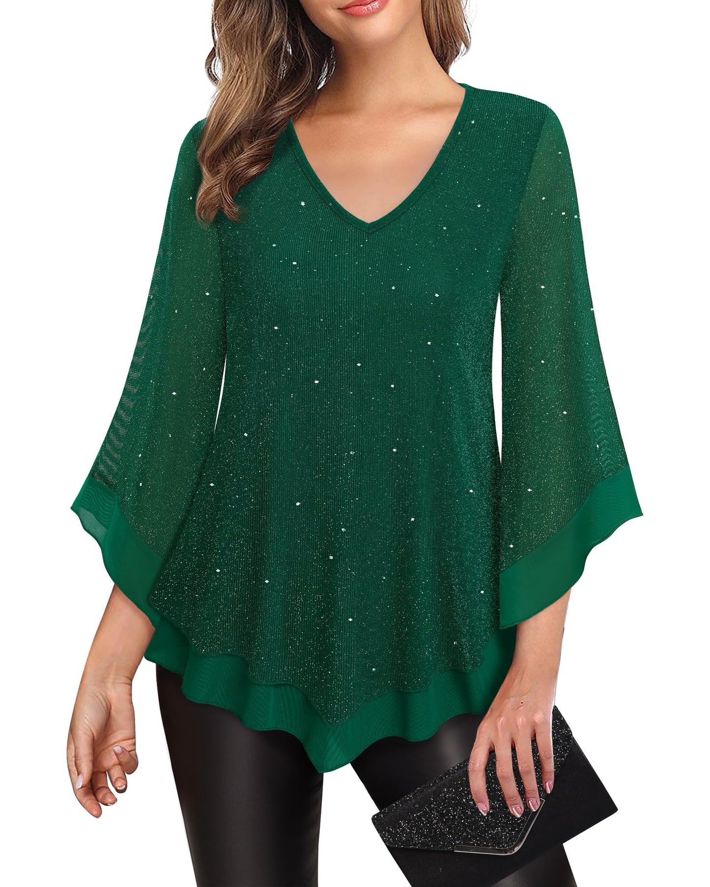 Lotusmile Womens Dressy Blouse Double Layers Mesh Shirt Ruffle 3/4 Flared Sleeve Tunic Tops
