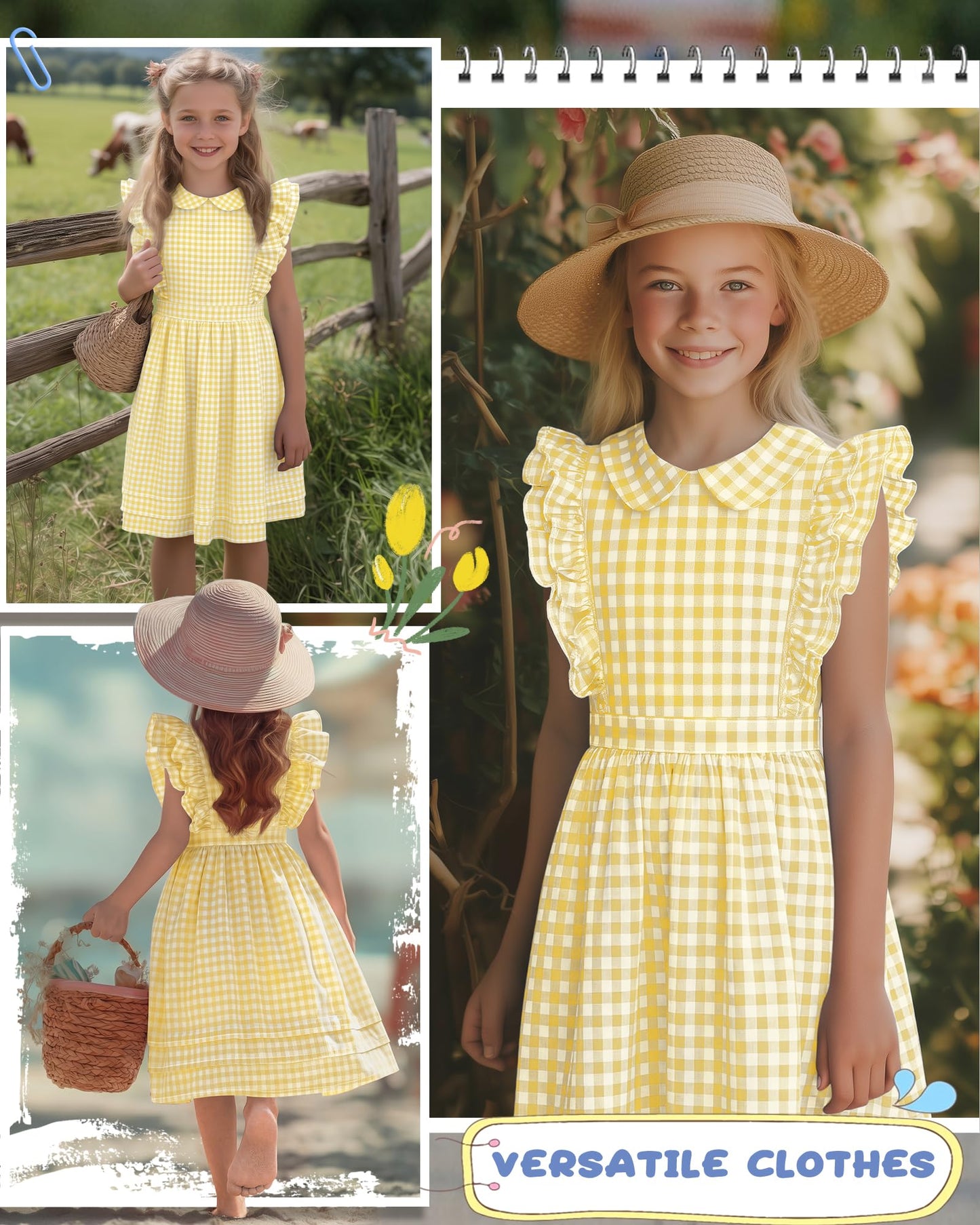 Xaatren Girls' Ruffle Sleeves Dress 5-14 Years Doll Collar Plaid Midi Length Gingham Flutter Pockets Summer Dress with Zipper