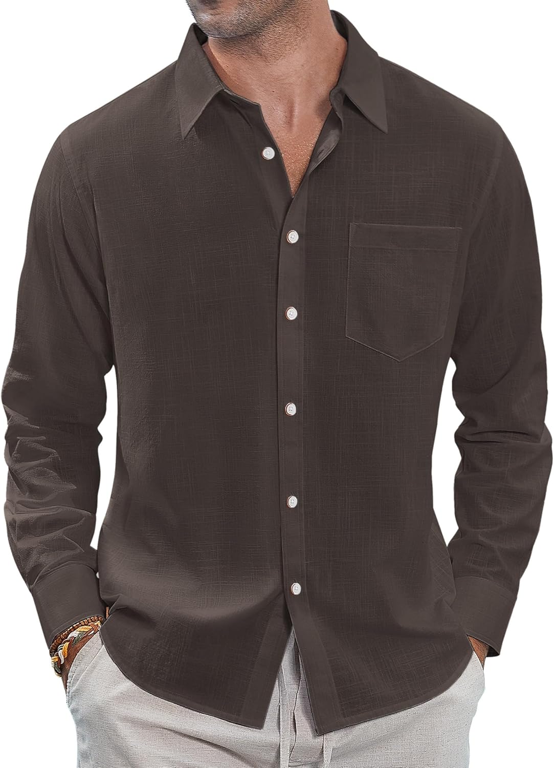J.VER Men's Linen Shirts Casual Button Down Long Sleeve Shirt Solid Spread Collar Summer Beach Shirts with Pocket