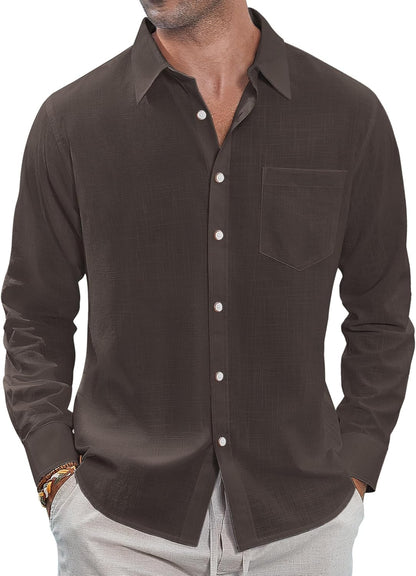 J.VER Men's Linen Shirts Casual Button Down Long Sleeve Shirt Solid Spread Collar Summer Beach Shirts with Pocket