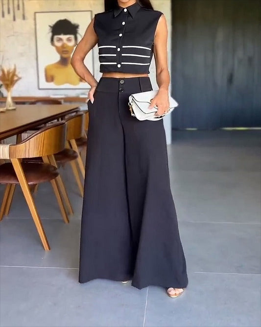 European And American Women's Autumn New Fashion Polo Collar Sleeveless Top Pants Two-piece Suit
