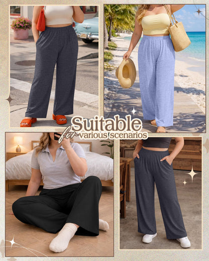 Evervibe 3 Pack Women Plus Size Wide Leg Pants Loose Fit Palazzo Lounge Yoga Sweatpants High Waist Casual Pajamas Pants